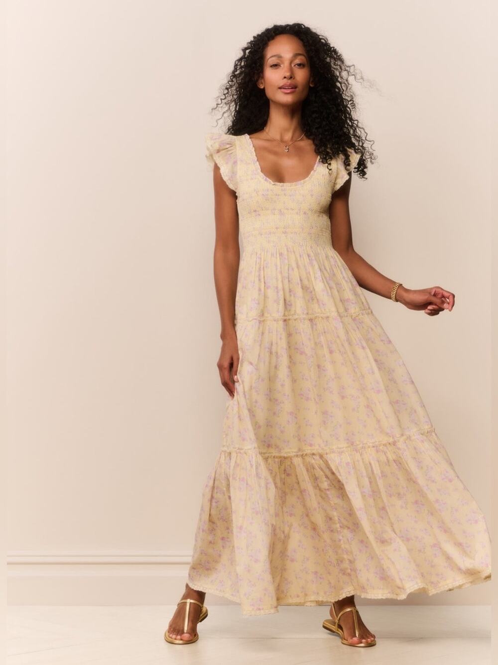 LoveShackFancy Chessie Blooming Floral Maxi Dress in Lemon Spritz XXS